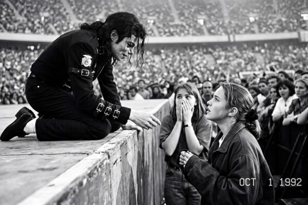 The Girl in the Front Row Was the Only Fan Who Wasn’t Singing Along—Michael Jackson Noticed Her Silent Tears in the Middle of the Roaring Crowd, Stopped the Performance, and Walked Slowly Toward the Edge of the Stage as Thousands Wondered What Was Wrong; When He Finally Learned Why She Couldn’t Join the Song, His Expression Changed Instantly, and the Unexpected Gesture He Made Next brought the entire arena to complete silence, leaving the young girl overwhelmed, the audience in tears, and everyone who witnessed that unforgettable night convinced they had just seen the most compassionate moment of his legendary career