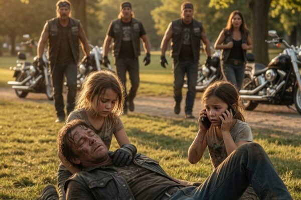 “Please Don’t Die,” Two Frightened Little Girls Whispered as They Found an Unconscious Biker Lying Alone Beside a Deserted Road—Instead of Running Away, They Stayed by His Side, Called for Help, and Used Every Bit of Courage They Had to Keep Him Breathing Until Four Bikers Roared into View; But When the Men Learned Who the Girls Were, Where They Had Come From, and Why They Were Wandering Alone, the rescue suddenly became something much bigger—and what those four bikers did next transformed the girls’ lives, stunned the entire community, and proved that one brave act of kindness can change everything forever