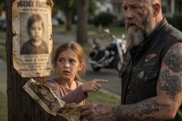 “I Found Her in a Garbage Dump,” the Rough, Battle-Worn Hells Angel Said, His Voice Shaking as He Wrapped the Shivering Girl in His Leather Jacket—but nothing could have prepared him for the weak, trembling words she whispered next, words so heartbreaking and so terrifying that they stopped him cold and turned a routine ride into a mission he could not walk away from; As the truth began to unfold, the biker realized this was no ordinary rescue, but a hidden nightmare someone had desperately tried to bury—and by the time the full story came out, the entire town was left stunned, ashamed, and forever changed