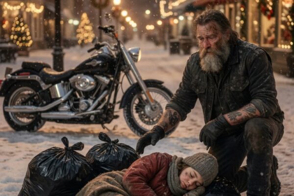 On Christmas Eve, a Hells Angel Found a Little Girl Sleeping on a Pile of Trash Behind a Closed Store—Cold, Exhausted, and Clutching a Broken Toy as Holiday Lights Glowed Across the Street—but when he gently woke her and asked why she had nowhere else to go, the heartbreaking truth left the hardened biker completely speechless; What began as a chance encounter in the freezing night soon brought dozens of bikers together, exposed a secret the town had ignored for far too long, and transformed the girl’s Christmas in a way so powerful that everyone who witnessed it would remember that night forever