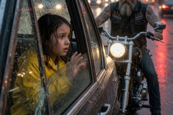 At a Red Light, a Little Girl Secretly Sent a Distress Signal From Inside a Passing Car — A Hells Angel Noticed the Tiny Gesture Everyone Else Missed, Followed the Vehicle Through the City, and Uncovered a Shocking Truth That Changed Everything, Turning One Ordinary Traffic Stop Into a Life-Saving Mission That Brought an Entire Biker Brotherhood Together to Protect a Child Who Was Crying Out for Help