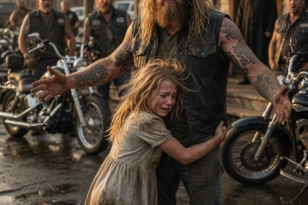 “Please Don’t Let Go…” A Little Girl Ran Into a Biker’s Arms Begging for Help — But When He Looked Outside and Saw Who Was Waiting for Her, He Realized This Was More Than a Simple Cry for Protection. One Unexpected Moment Revealed a Hidden Truth That Changed Everything, Bringing an Entire Biker Brotherhood Together to Stand Up for a Child Who Had Nowhere Else to Turn