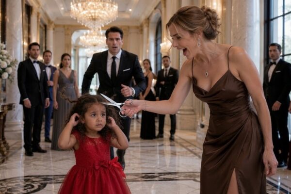 The Fiancée Cut the Maid’s Little Daughter’s Hair in Front of Everyone, Laughing as She Humiliated the Mother and Dared Anyone in the Mansion to Stop Her—But the Maid’s Silence Ended the Moment Her Crying Child Reached for Her. Just as the confrontation was about to explode, the front doors opened and the billionaire walked in unexpectedly. His smile disappeared when he saw the scattered hair on the floor and the terrified look on the maid’s face. Then he asked his fiancée one simple question—and the answer exposed a cruel secret that instantly changed their wedding plans and left every guest completely speechless.