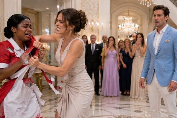 The Billionaire’s Fiancée Tore the Maid’s Dress in Front of Everyone, Determined to Humiliate Her During a Lavish Mansion Party and Prove That No One Would Dare Challenge Her—But She Had No Idea the Billionaire Was Watching the Entire Scene From the Upstairs Balcony. The Maid Tried to Cover Herself and Walk Away as Guests Fell Silent, while the Fiancée Continued Mocking Her With a Confident Smile. Then the Billionaire Slowly Came Down the Stairs, Removed His Jacket to Help the Maid, and Asked His Fiancée One Chilling Question. Seconds Later, Her Smile Disappeared as He Revealed Exactly What He Had Seen.