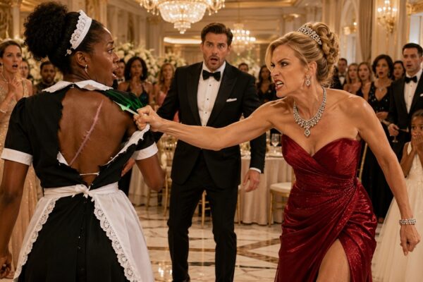 His Fiancée Ripped the Black Maid’s Dress in Front of 300 Guests, Smiling as the Entire Ballroom Fell Into Horrified Silence — She Wanted to Humiliate the Quiet Young Woman Once and for All, certain no one would dare defend a servant at such a lavish event. But when the torn fabric exposed a strange scar on the maid’s shoulder, the billionaire froze mid-step. His expression changed instantly as he pushed through the crowd and stared at the mark he recognized from a secret buried deep in his family’s past. Seconds later, the celebration collapsed into chaos as the maid revealed a truth that changed everything.