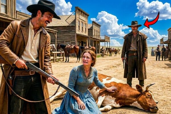 They Shot the Widow’s Last Cow and Laughed as She Stood Helpless Beside Her Empty Ranch — The Cruel Men Thought No One in Town Would Dare Challenge Them, Until a Dust-Covered Stranger With No Name Rode Through the Gate and Quietly Asked Who Had Done It. At First They Mocked Him Too, Certain He Was Just Another Drifter Passing Through. But the Moment He Removed His Hat and Revealed Why He Had Come to the Widow’s Farm, Their Smiles Vanished. By Sundown, the Entire Town Had Learned the Truth About the Mysterious Gunman—and Why Those Men Would Never Forget the Day They Chose the Wrong Widow to Terrorize.