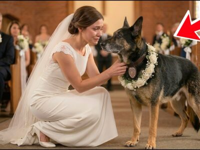 Her Late Father’s Loyal K9 Suddenly Blocked Her Wedding Aisle, Refusing to Let Her Walk Forward as the Entire Ceremony Fell Silent — But She Soon Realized the Dog Was Carrying Out His Final Promise. What looked like a strange interruption revealed a heartfelt secret her father had left behind before he passed away. As the bride uncovered the meaning behind the K9’s actions, she discovered a touching message of love, protection, and devotion that changed the way she remembered her father forever.