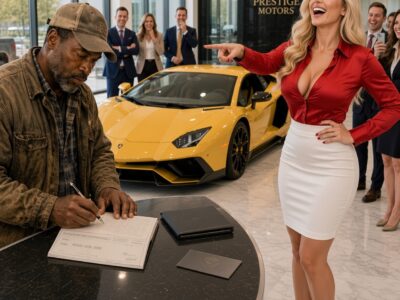 The Saleswoman Looked at His Worn Clothes and Laughed, “You? Buying a Supercar?”—But Before She Finished Mocking Him, He Placed a Cashier’s Check on the Desk That Made Her Manager Rush Across the Showroom