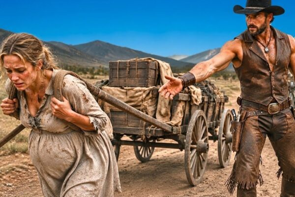 “Get in My Wagon,” the Mountain Cowboy Said When He Saw the Pregnant Widow Struggling Alone Beside Her Broken Wagon — She Hesitated, Knowing Almost Nothing About the Quiet Stranger Who Lived Beyond the Ridge, but the Coming Storm Left Her No Choice. He Helped Her Gather What Little She Had Left and Took Her Toward His Remote Ranch, Where She Expected Only a Night of Shelter. Instead, She Discovered a Warm Home, a Locked Room He Never Spoke About, and a Secret From His Past That Somehow Connected to Her Late Husband. By Morning, One Unexpected Truth Would Change Both of Their Lives Forever.