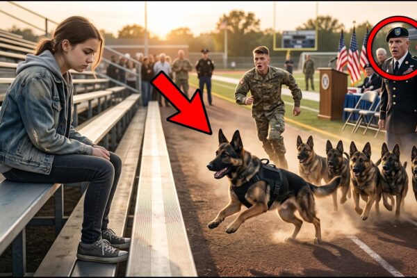 They Said She Didn’t Belong There, Judging the Quiet Woman as an Outsider at the Ceremony — But Their Doubts Disappeared When Every Military K9 Suddenly Ran Toward Her. The entire crowd froze as the highly trained dogs showed a connection no one could explain. What seemed like an ordinary stranger turned out to be someone with a remarkable history and a hidden bond with the K9 community. In that unforgettable moment, the truth behind her arrival was revealed, leaving everyone who doubted her completely stunned.