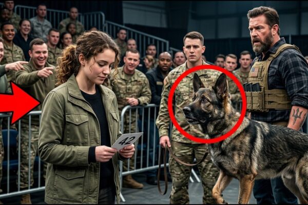 The Crowd Laughed When a Quiet Young Woman Stepped Forward and Placed a Bid on the Retired Combat Dog Everyone Else Had Ignored — But Their Smiles Disappeared the Moment the K9 Recognized Her. No One Understood Why the Powerful Military Dog suddenly broke its silence and moved toward a stranger like it had been waiting for her. The auction hall fell completely quiet as old memories, hidden connections, and a forgotten chapter of the dog’s past began to surface. What everyone discovered about their bond shocked the crowd and proved that some friendships are built on loyalty, trust, and promises that time can never erase.