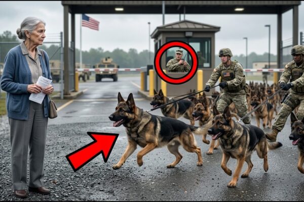 Nobody at the Military Ceremony Recognized the Quiet Elderly Army Nurse Sitting Alone Near the Back — She Wore No Medals, Asked for No Attention, and Seemed Like Just Another Forgotten Guest Until 31 Military K9s Suddenly Broke Formation and Ran Straight Toward Her. Handlers Shouted Commands, Soldiers Turned in Shock, and the Entire Crowd Fell Silent as Every Dog Gathered Around the Woman Like They Had Been Waiting Years to Find Her. Then One Officer Looked Closely at Her Face, Realized Who She Really Was, and Uncovered a Wartime Story the Base Had Nearly Forgotten
