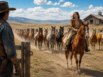 He Had Given Up Searching for the Twelve Lost Horses After Days of Endless Tracking Across the Wild Frontier — Certain They Were Gone Forever. The Rancher Expected Nothing but bad news when a mysterious woman suddenly rode into town, leading all twelve horses safely behind her. Everyone was stunned, wondering how a lone rider had accomplished what experienced cowboys could not. But her arrival carried more than a surprising rescue — it revealed a hidden past, an unexpected connection, and a truth that would change the rancher’s entire future. The stranger who returned his lost horses was about to become the most important person he ever met.