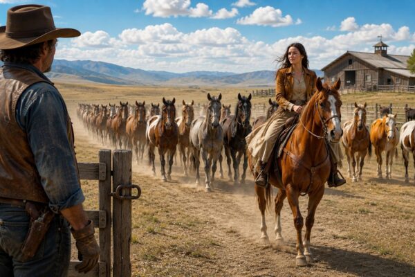 He Had Given Up Searching for the Twelve Lost Horses After Days of Endless Tracking Across the Wild Frontier — Certain They Were Gone Forever. The Rancher Expected Nothing but bad news when a mysterious woman suddenly rode into town, leading all twelve horses safely behind her. Everyone was stunned, wondering how a lone rider had accomplished what experienced cowboys could not. But her arrival carried more than a surprising rescue — it revealed a hidden past, an unexpected connection, and a truth that would change the rancher’s entire future. The stranger who returned his lost horses was about to become the most important person he ever met.
