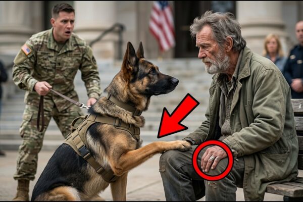Nobody Knew the Quiet Homeless Man Sitting Outside the Military Base Had Once Been a Decorated War Hero — Most People Walked Past Without a Second Glance, Until a Military K9 Suddenly Stopped, Broke From Its Handler, and Stood Perfectly Still Before Him in an Unmistakable Salute. Soldiers Froze, Officers Turned in Confusion, and the Crowd Fell Silent as the Old Man Slowly Raised His Eyes. Then a Senior Commander Recognized the Faded Scar, the name whispered in old mission reports, and the forgotten sacrifice behind the man everyone had ignored — revealing a story the entire base thought had disappeared years ago.