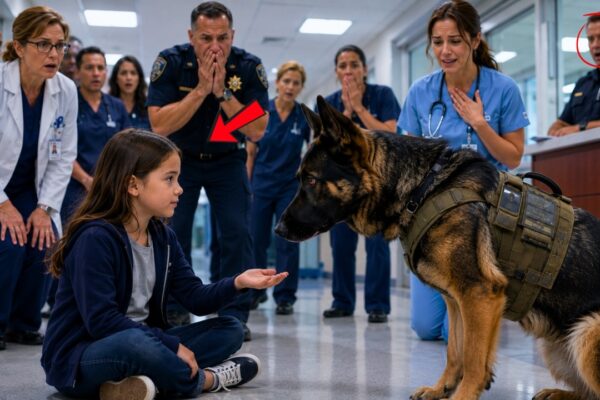 Everyone in the military facility feared the massive K9 known for being impossible to approach, refusing handlers and keeping even experienced soldiers at a distance. After years of service, the powerful dog had earned a reputation that made people hesitate before getting too close. Then, a quiet 7-year-old girl walked into the room, ignored the warnings, and calmly sat beside him as if she already knew him. The entire crowd watched in disbelief as the feared military K9 reacted in a way nobody expected. What happened next uncovered a touching connection, a hidden story, and a moment that changed how everyone saw the loyal warrior dog forever.