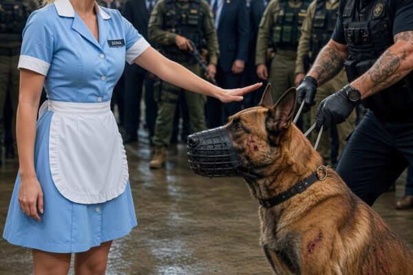 A Waitress Walked Into a Retired SEAL K9 Auction Alone, Surrounded by Experienced Handlers and Elite Dogs—But the Moment She Spoke One Familiar Phrase, Every K9 Suddenly Froze and the Entire Room Went Silent
