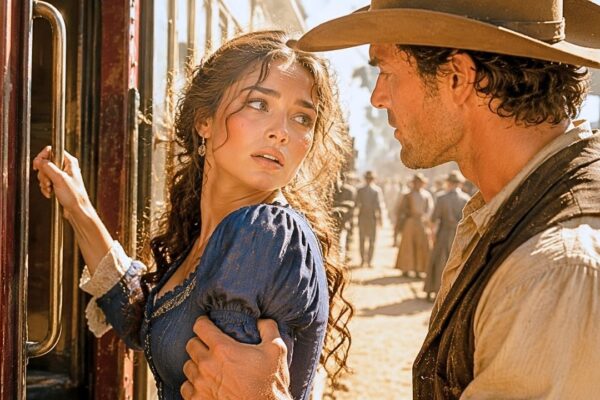 She Arrived in a Dusty Frontier Town as a Mail-Order Bride, Carrying One Small Suitcase and the Hope of Starting Over — But Before She Could Even Leave the Station, Everything Fell Apart. The Man Who Had Promised to Marry Her Was Gone, the townspeople whispered behind her back, and she was already planning to board the next train home. Then a rugged cowboy stepped through the crowd, looked straight at her, and said two words that silenced everyone: “She’s mine.” She Had Never Seen Him Before — and Had No Idea Why the Most Feared Rancher in the Territory Had Just Claimed Her as His Bride.