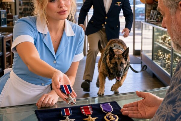 A USMC Captain Watched a Waitress Trade Her Military Medals for Groceries, Thinking She Was Just Struggling—But His K9 Refused to Leave Her Side and Revealed a Connection the Veteran Never Expected to Find