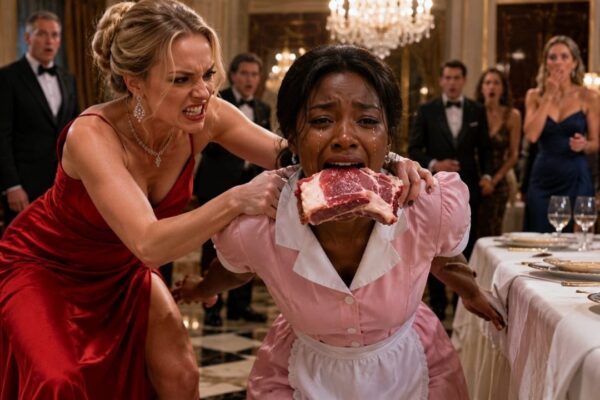 The Billionaire’s Fiancée Forced the Maid to Eat Raw Meat in Front of Everyone, Smirking as the Guests Watched the Humiliation in Horrified Silence — She Thought No One Would Dare Challenge Her Inside the Mansion, Until the Front Doors Suddenly Opened and the Billionaire Walked In. He Froze When He Saw the Maid Trembling at the Table and Demanded an Explanation. His Fiancée Quickly Tried to Laugh It Off as a Joke, Certain He Would Protect Her, but instead his expression turned cold. What he did next—and the shocking reason the maid had remained silent for so long—left the entire room speechless.