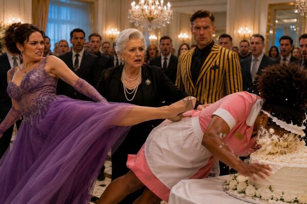 His Cruel Fiancée Humiliated the Quiet Maid at His Mother’s Lavish 80th Birthday Celebration, Sending Her Crashing Into the Enormous Cake in Front of Hundreds of Shocked Guests — She Expected Laughter, Silence, and Another Easy Victory Over Someone She Considered Beneath Her. Instead, the Ballroom Fell Completely Still When the Billionaire Walked In, Saw His Mother Crying, the Maid Covered in Frosting, and His Fiancée Smirking Beside the Ruined Celebration. He Asked Just One Question, and Within Minutes Everyone Realized the Woman He Planned to Marry Had Made the Biggest Mistake of Her Life