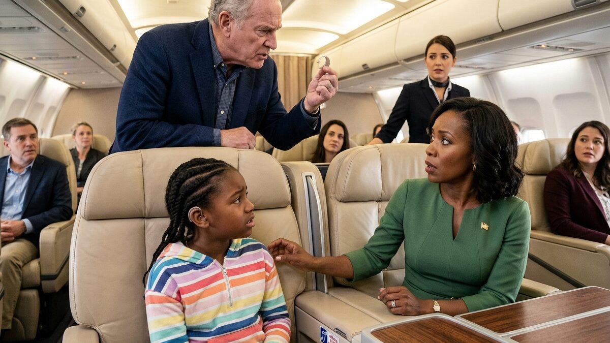 An arrogant first-class traveler heartlessly ripped a young girl’s hearing device away… totally oblivious to the true identity of her father.