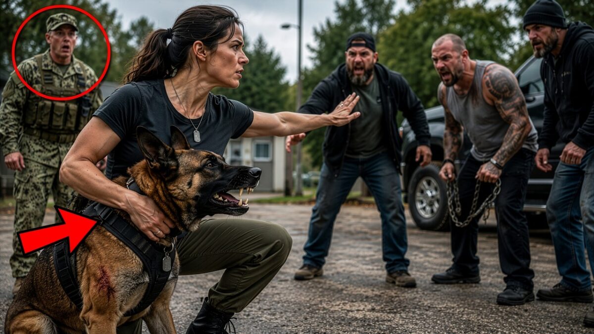 “Last Warning!” She Shouted as a Group of Threatening Men Closed In After Hurting Her Loyal K9, Unaware They Were About to Cross a Line They Could Never Undo — The Injured Dog Stood Protective at Her Side, growling through the pain while she refused to back down even for a second. Just when the standoff seemed ready to explode, a Navy SEAL stepped forward from the crowd and calmly called the dog by name. In an instant, the animal’s entire expression changed — and what the SEAL revealed about the dog, the woman, and the men who attacked them left everyone nearby completely stunned.