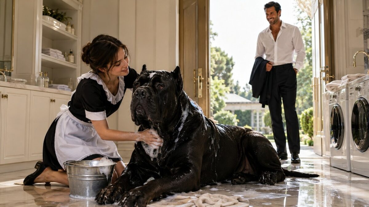 The Clumsy Maid Was Only Supposed to Clean the Mansion, but After Accidentally Finding the Mafia Boss’s Feared Dog Covered in Mud, She Decided to Give Him a Bath Herself—Expecting Growls, Chaos, and Another Disaster. Instead, the massive dog became strangely calm, resting his head against her shoulder while she laughed and scrubbed his fur. When the Mafia Boss walked in and saw the one animal no servant dared approach happily following the maid around like her shadow, his expression changed. She thought she would be fired for crossing the line—but when she tried to leave that night, the dog blocked the doorway and refused to let her go.