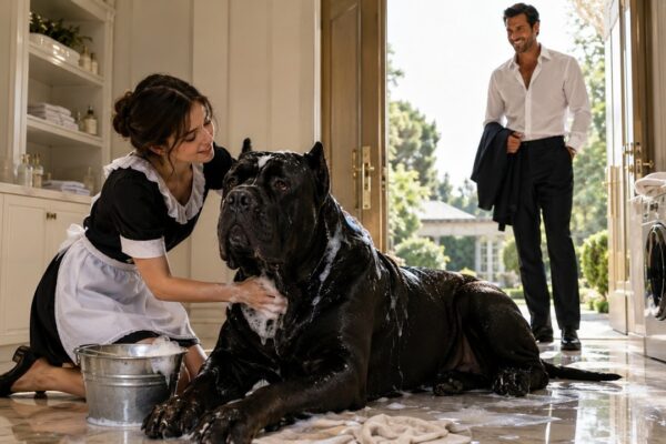 The Clumsy Maid Was Only Supposed to Clean the Mansion, but After Accidentally Finding the Mafia Boss’s Feared Dog Covered in Mud, She Decided to Give Him a Bath Herself—Expecting Growls, Chaos, and Another Disaster. Instead, the massive dog became strangely calm, resting his head against her shoulder while she laughed and scrubbed his fur. When the Mafia Boss walked in and saw the one animal no servant dared approach happily following the maid around like her shadow, his expression changed. She thought she would be fired for crossing the line—but when she tried to leave that night, the dog blocked the doorway and refused to let her go.
