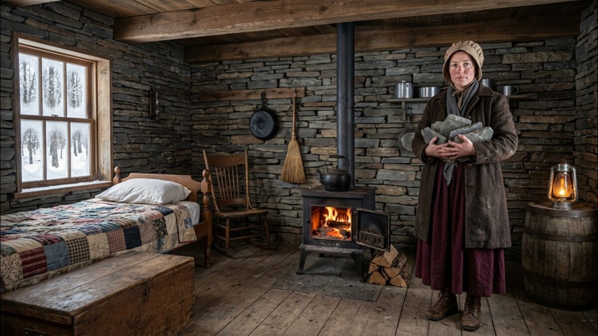 She Spent Days Stacking Heavy River Slate Against the Thin Walls of Her Isolated Shelter While Everyone Nearby Thought She Was Wasting Precious Time—But She Had No Idea the Stones Were Quietly Absorbing Heat From the Day and Holding It Long After Sunset. When the temperature suddenly plunged and icy winds swept through the valley, neighboring cabins turned painfully cold, fires burned through their last wood, and people struggled to sleep through the freezing night. Yet inside her small home, the slate walls slowly released the warmth they had stored for hours—and by morning, she realized her strange decision had saved her.