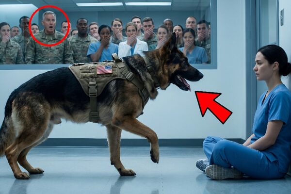 They Left Her Alone With a “Dangerous” Military K9 Everyone Had Been Warned Not to Approach — The Powerful Dog Had Rejected Every Handler, Ignored Every Command, and frightened anyone who came too close, so everyone expected the woman to panic the moment the door closed behind her. Instead, the K9 froze, stared at her for several long seconds, then slowly walked forward and lowered his head into her hands. She whispered a name no one had heard in years, and the dog immediately reacted. When the military team realized why he remembered her, the truth about their shared past left everyone in the room completely speechless.