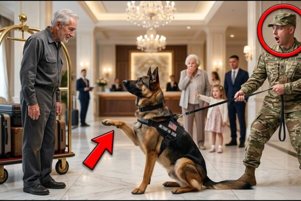 Nobody at the Luxury Hotel Knew the Quiet Porter Carrying Bags and Opening Doors Had Once Been a Decorated War Hero — To the Guests, He Was Just Another Employee in a Simple Uniform. Then a Military K9 Entered the Lobby With a Group of Soldiers, Suddenly Stopped in His Tracks, and Locked Eyes With the Porter. What happened next silenced the entire room. The dog slowly approached, stood perfectly still, and gave him a salute-like gesture only trained personnel seemed to understand. The soldiers froze, the guests stared in disbelief, and within seconds, the porter’s hidden past began to come to light in a way no one could have imagined.