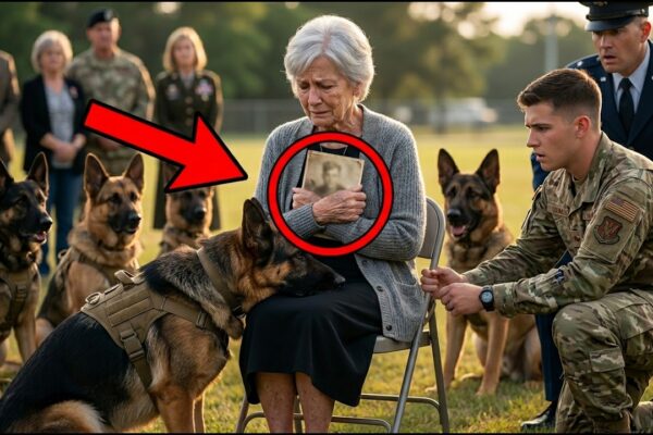 Nobody Knew Why the Elderly Widow Sat Alone on the Bench Every Morning, Quietly Clutching an Old Bag and Staring Into the Distance as if She Were Waiting for Someone Who Never Came — Most People Passed Her Without a Second Thought, assuming she was just another lonely woman with nowhere to go. But everything changed the moment seven military dogs suddenly entered the area, broke formation, and rushed straight toward her. What happened next stopped everyone in their tracks. The dogs didn’t threaten her — they surrounded her gently, as if protecting someone they recognized. Within seconds, a long-buried secret from the widow’s past began to surface, leaving every witness stunned.