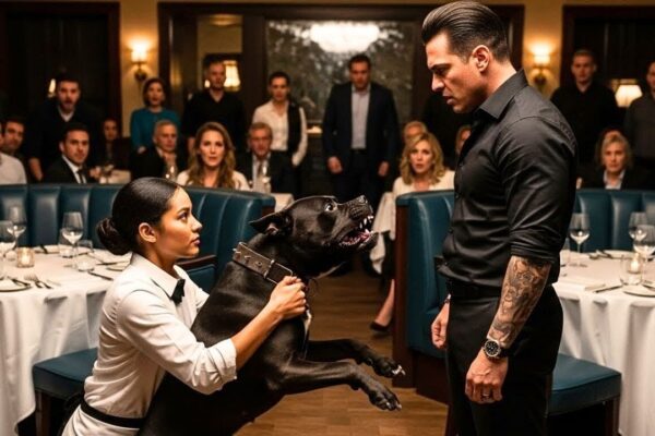 The Mafia Boss’s Pitbull Suddenly Went Berserk in the Middle of the Restaurant — Chairs Screeched, Glasses Shattered, and Even Hardened Bodyguards Backed Away in Fear as the Beast Lunged and Barked like it was ready to tear the entire place apart. No one dared move, and the feared Mafia Boss himself rose in shock, expecting disaster within seconds. But then a trembling waitress did something nobody in the room could understand — instead of running, screaming, or hiding, she stepped closer and faced the raging dog. What she did next froze every guest, silenced the bodyguards, and left the Mafia Boss staring at her in complete disbelief.