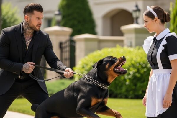 Nobody Could Tame the Mafia Boss’s Terrifying Rottweiler—Not His Armed Guards, Expensive Trainers, or Even the Men Who Had Raised Him Since He Was a Puppy. The Massive Dog Growled at Anyone Who Came Near and guarded his powerful owner like a shadow, until one quiet maid accidentally stepped into the room everyone had been warned to avoid. Instead of running when the Rottweiler rushed toward her, she slowly knelt down and did something so unexpected that the entire mansion fell silent—and when the Mafia Boss saw how his feared dog reacted to her, he realized this ordinary maid was hiding something no one had ever suspected.