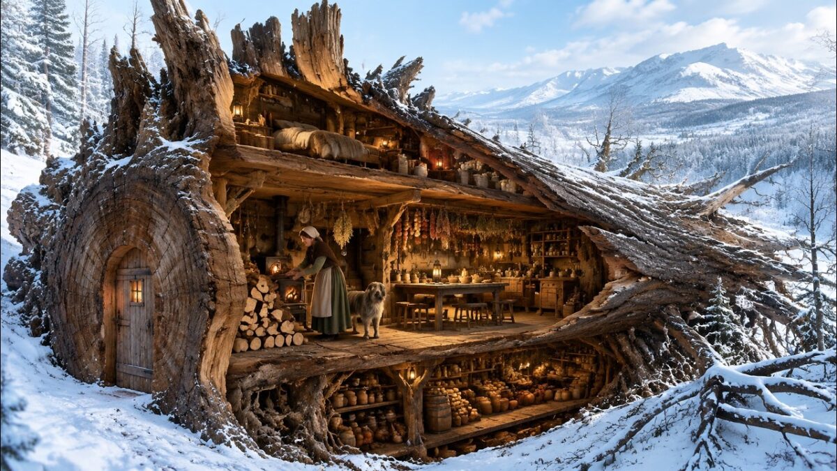 She Carved a Door in a Tree Wider Than a House While Everyone Thought She Had Lost Her Mind—But When the harshest blizzard in decades tore across the land, swallowing cabins, freezing livestock, and trapping entire families beneath walls of snow, that strange handmade shelter became the one place the storm could not enter. Hidden inside the massive hollow tree she had patiently transformed with her own hands, warmth, safety, and a shocking secret waited beyond the wooden doorway. And when desperate neighbors came begging for help, they realized the woman they once mocked had built something so extraordinary it could withstand nature’s cruelest fury.