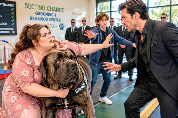 The Mafia Boss Grabbed the Plus-Size Dog Groomer in Front of Everyone, Demanding to Know What She Had Done to His Feared Guard Dog—But Before His Men Could Step Closer, the Massive Animal Suddenly Moved Between Them. Everyone Expected the Dog to Turn on the Terrified Woman. Instead, it pressed against her legs, refused to leave her side, and stared directly at its powerful owner as if delivering a warning of its own. The room fell completely silent, because the ruthless Mafia Boss had never seen his loyal dog defy him before—and what happened next changed everything he thought he knew about her.