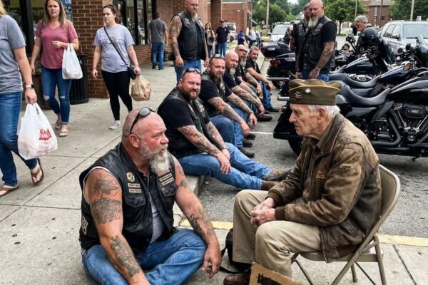 Eight bikers pulled over for a homeless veteran whose sign read “Need 5 Minutes.” Seconds later, he pulled out an old photo that made the lead rider drop to his knees.