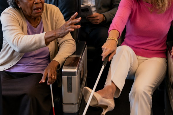 She stole a blind grandmother’s cane in First Class and laughed. Then the quiet stranger beside her unzipped his jacket, and a single federal badge stopped her cold.