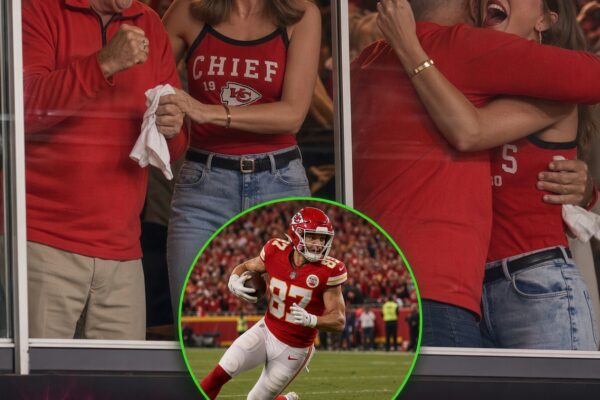 Suite celebration! Taylor Swift jumps for joy and hugs her dad Scott as Travis Kelce scores