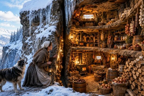 Her Dog Wouldn’t Stop Barking at a Narrow Crack in the Rock — At First, She Thought He Had Smelled a Wild Animal Hiding Inside, but When She Squeezed Through the Opening With a Lantern, She Discovered a Forgotten Stone Chamber Packed With Sealed Jars, Dried Food, Grain, and Supplies No One Had Touched in Years… With the First Snowstorm Already Closing the mountain road behind her, she slowly realized the strange hidden cache contained enough food to keep her alive through the entire winter — but one question remained: who had hidden it there?