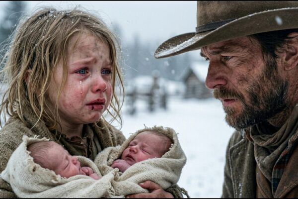 “Nobody Came Back for Me,” She Whispered Through Shivering Lips, Sitting Alone Beside the Snow-Covered Road as Darkness Closed Over the Frozen Frontier — Then a Lone Cowboy Riding Home Through the Storm Suddenly Pulled His Horse to a Stop. Everyone Else Had Passed Without Looking Twice, but Something About Her Quiet Words Made Him Turn Around. He Took Off His Heavy Coat, Wrapped It Around Her Shoulders, and Asked Who Had Left Her There. She Hesitated Before Revealing the Truth, and the Cowboy’s Expression Changed Completely. Minutes Later, He Lifted Her Onto His Horse — Unaware That Helping This Abandoned Stranger Would Change His Entire Life.