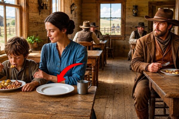 “My Son Can Eat—I’m Not Hungry,” She Said Quietly at the Rancher’s Table, Sliding Her Portion Across the Plate and Pretending She Had Already Eaten. But the Rancher Noticed Her Empty Dish, the way her hands trembled, and how carefully she watched her boy finish every bite. He said nothing at first. Then he stood, filled another plate, and placed it in front of her without asking. She tried to refuse, but his answer stopped her cold: “No one goes hungry in my house.” That simple meal became the beginning of something neither of them expected—a second chance, a safer home, and a reason to stay.