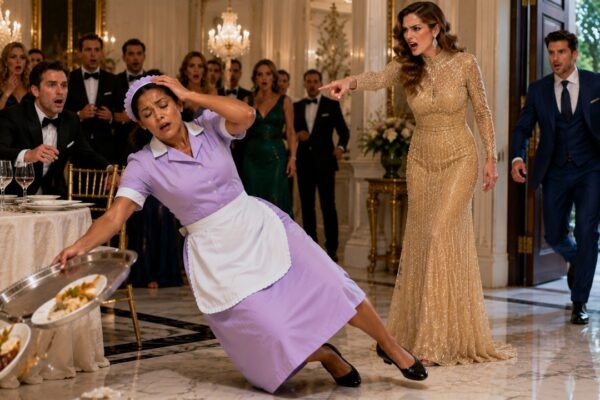 The billionaire’s fiancée knew the maid was sick, pale, and barely able to stand, but she still forced her to serve dinner in front of a room full of wealthy guests. Each time the maid slowed down, the fiancée snapped at her to keep moving, warning that she could be replaced by morning. No one at the table dared interfere. Then, as the maid carried another heavy tray across the dining room, her hands began to shake and she suddenly collapsed onto the floor. The billionaire rushed to her side — and what he learned moments later completely changed the atmosphere in the mansion.