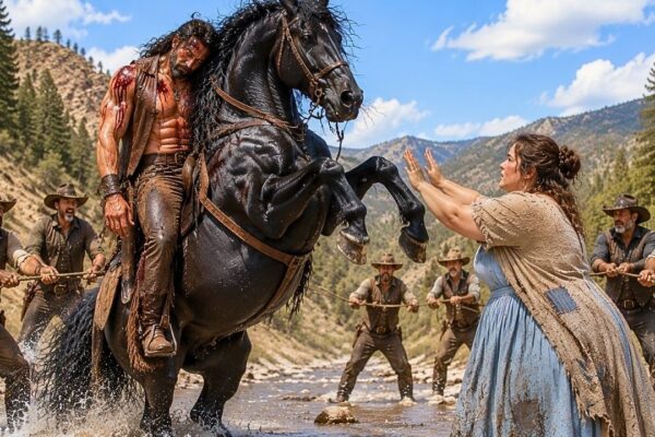 They Couldn’t Reach the Injured Rancher Before the Storm Closed In — Every Rider Who Tried to Approach His Wild Stallion Was Thrown Back, and the townspeople feared there was no way to reach him in time. Then the powerful horse suddenly stopped beside a plus-size woman everyone had underestimated, lowered its head, and allowed her to climb onto its back. With snow beginning to fall and the mountain trail disappearing beneath the wind, she followed the stallion into the wilderness — and what happened when the horse led her straight to its injured owner left the entire ranch speechless.