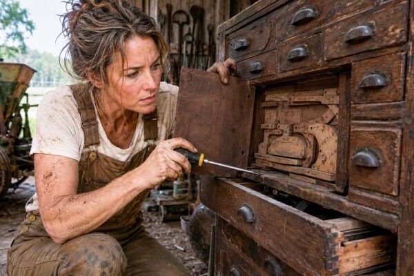 She Bought Her Late Father’s Old Tool Chest Back for Just $12 at a Dusty Estate Sale, Thinking She Was Only Recovering One Small Piece of the Life They Had Lost — But When She Got It Home, One Narrow Drawer Refused to Open No Matter How Hard She Pulled. Neighbors Said the Wood Was Probably Warped and Told Her to Break It Apart, but She Couldn’t Bring Herself to Damage Something Her Father Had Used for Decades. Instead, She Carefully Removed the Back Panel — and What She Found Hidden Behind That Jammed Drawer Explained Why He Had Never Let Anyone Touch the Chest.