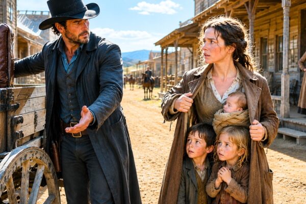 She Hid Three Children Beneath Her Coat—The Rancher Saw Them, Lowered His Wagon Gate, and Said, “Get In.”