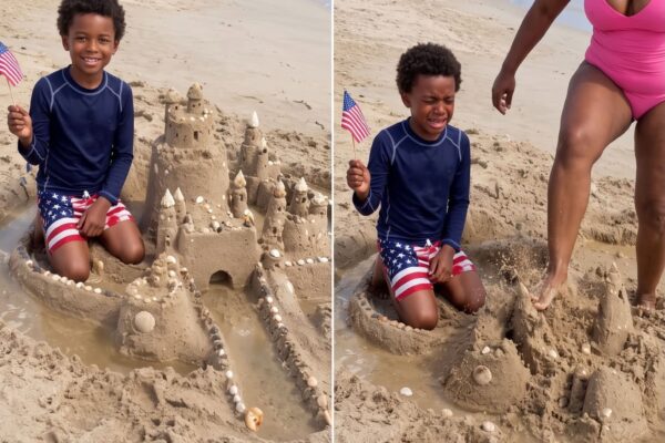 An entitled woman destroyed my son’s sandcastle because it “blocked her view”—twenty minutes later, a lifeguard walked straight toward her carrying a golden box.