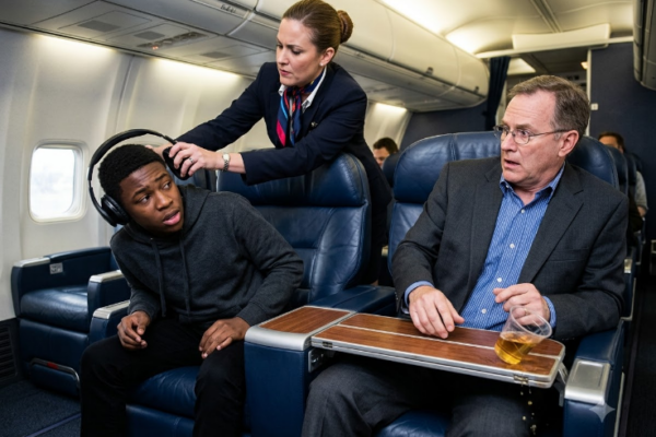 A flight attendant ripped my headphones off and attempted to throw me out of first class, totally clueless about the figure who had just stepped onto the plane.