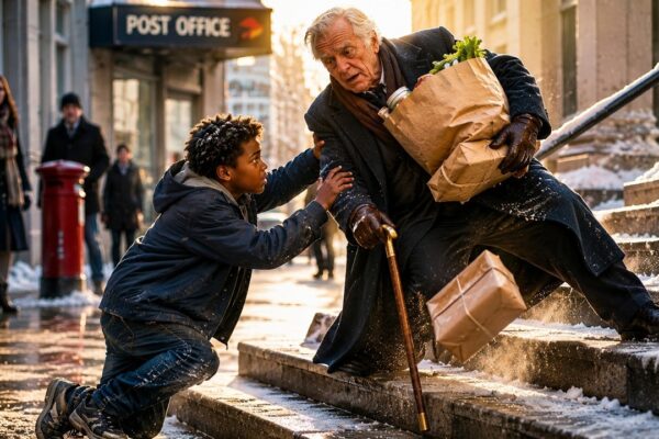 “Careful, Sir. I’ve Got You” — Homeless Girl Catches Falling Lawyer on Icy Steps, Unaware Who He Is